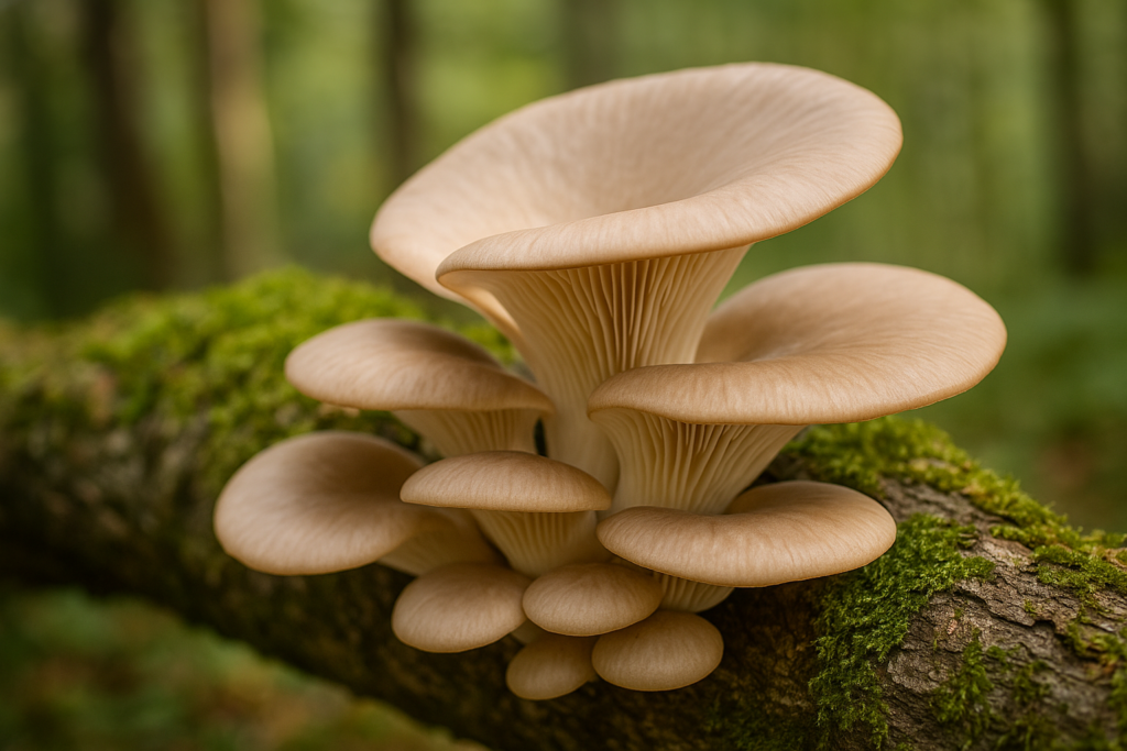 Gluosninės kreivabudės (Pleurotus ostreatus) ant samanoto kamieno miške, stambiu planu.